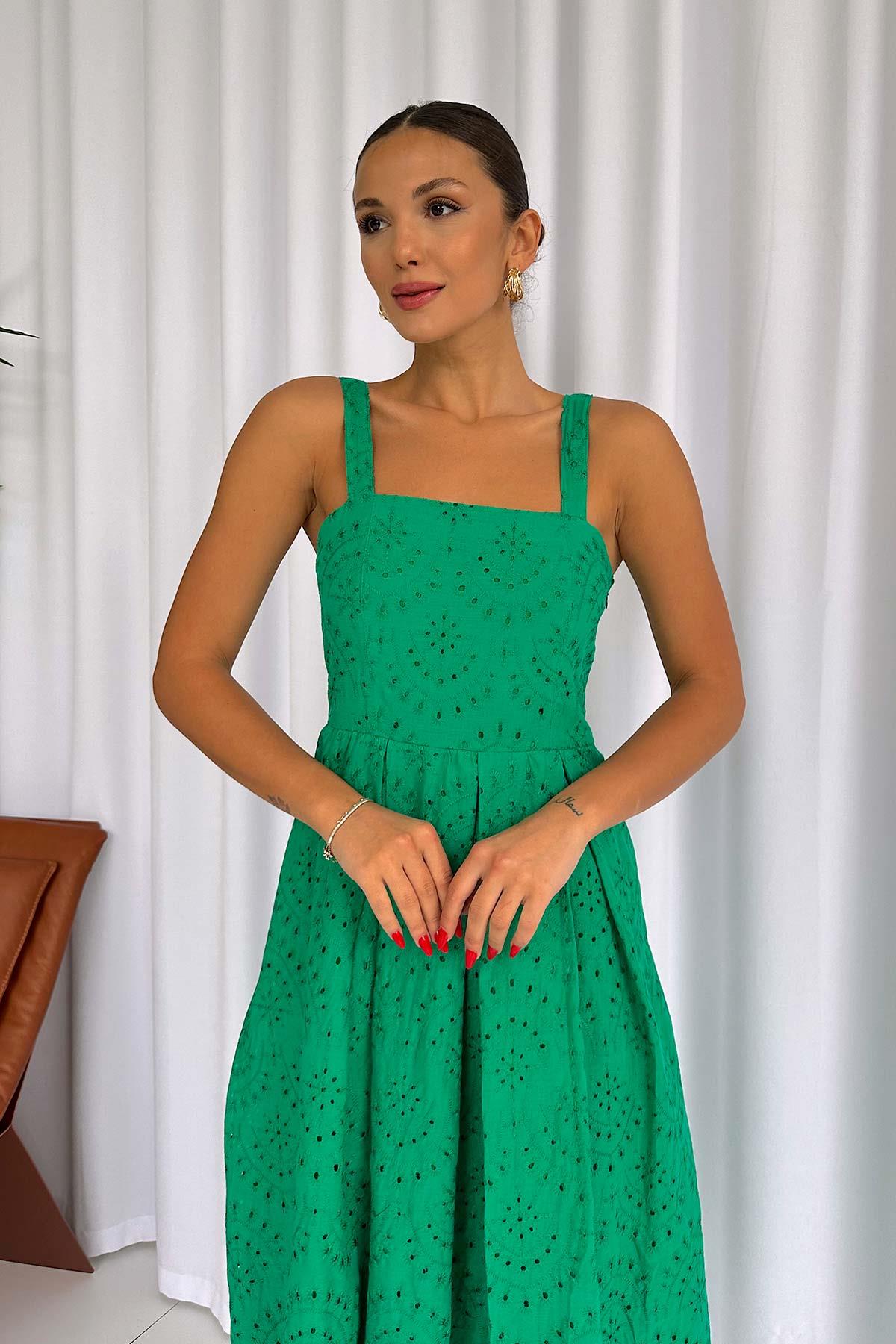 İnce Askılı Kolsuz Fisto Kadın Elbise - Yeşil